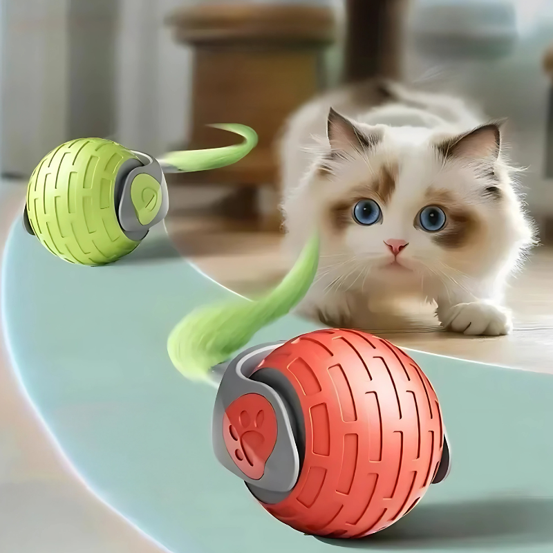 Red LED cat pounce ball for interactive play, encouraging chase & exercise. Rechargeable smart pet toy.