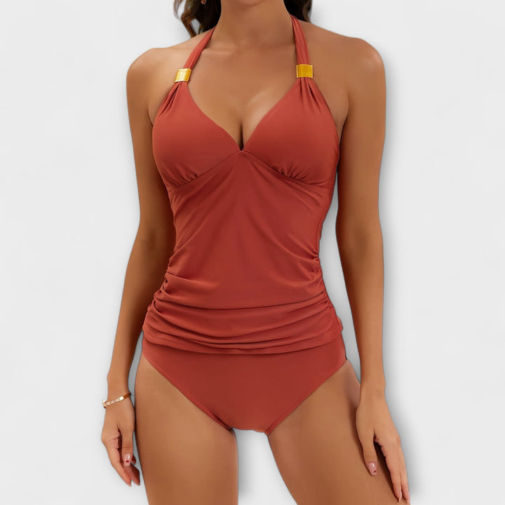 Light blue solid ruched halter swimsuit, women's trendy beachwear