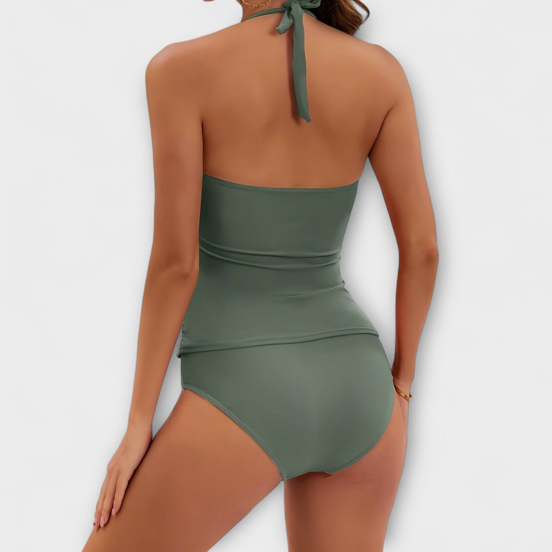 Black solid halter top with matching bikini bottoms, women's swimwear