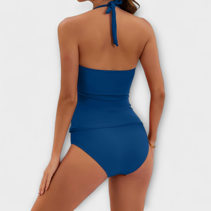Purple solid halter two-piece swimsuit, ideal women's vacation outfit
