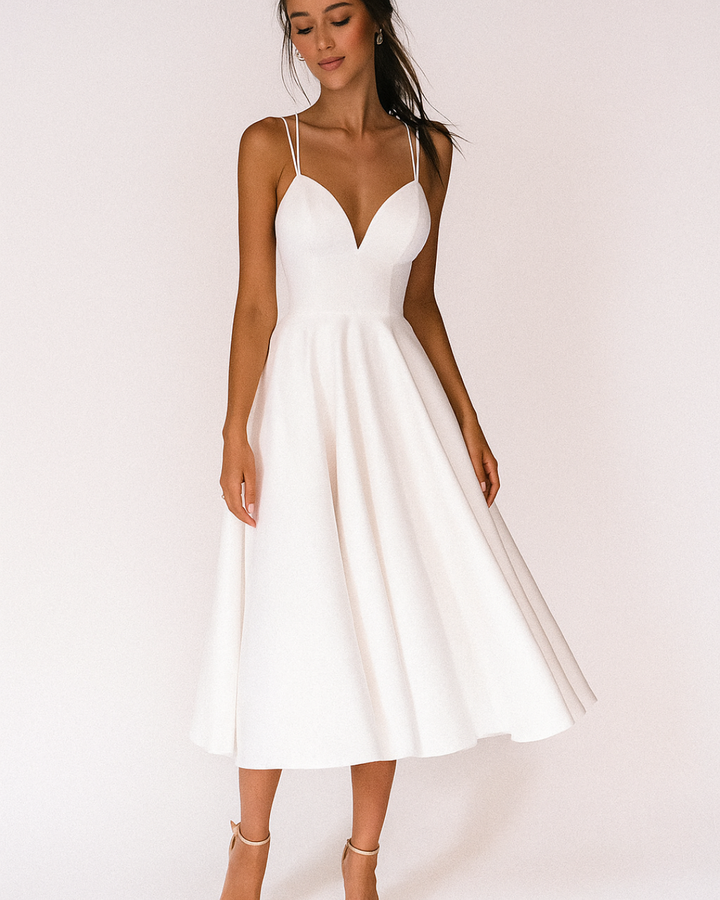 Red strappy midi dress for women, perfect as a wedding guest cocktail dress