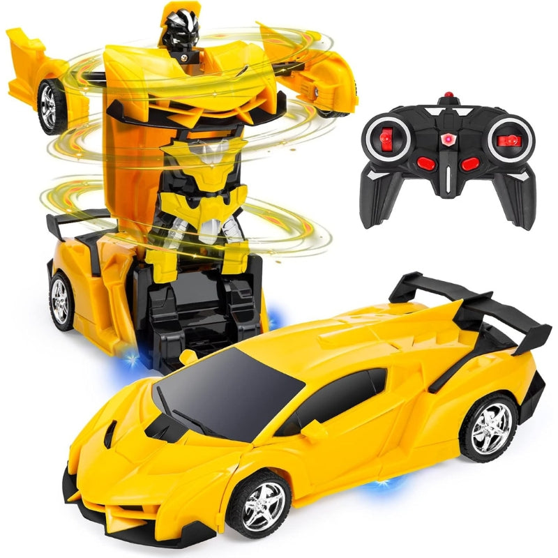 Red transforming RC robot car for boys, shifting from vehicle to action figure with remote control.