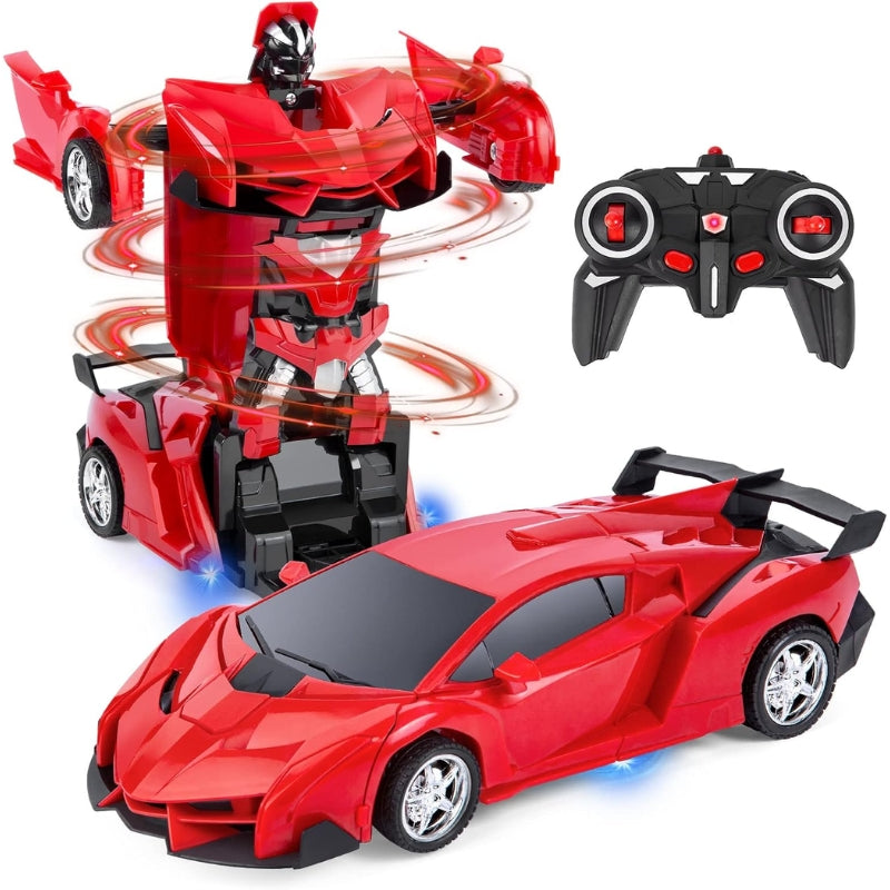 Exciting 2-in-1 RC transforming robot car toy for boys, offers remote controlled driving and robot action fun.