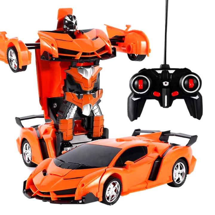 Interactive RC transforming car toy for boys, remote control drives vehicle and morphs into a robot for play.