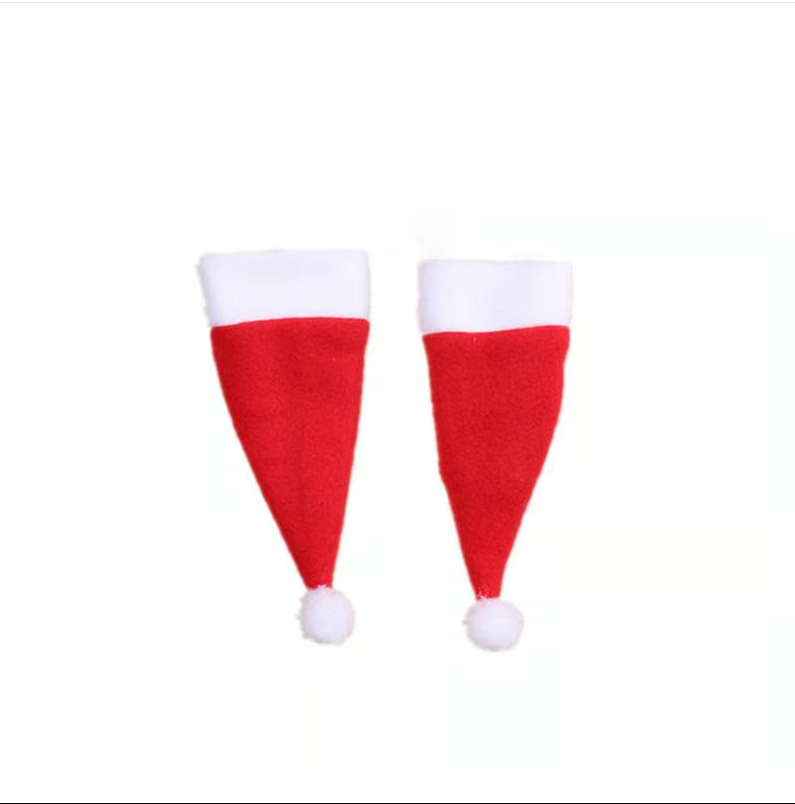 Pet's red Christmas hat & striped scarf. Festive holiday apparel for a cute pet outfit.