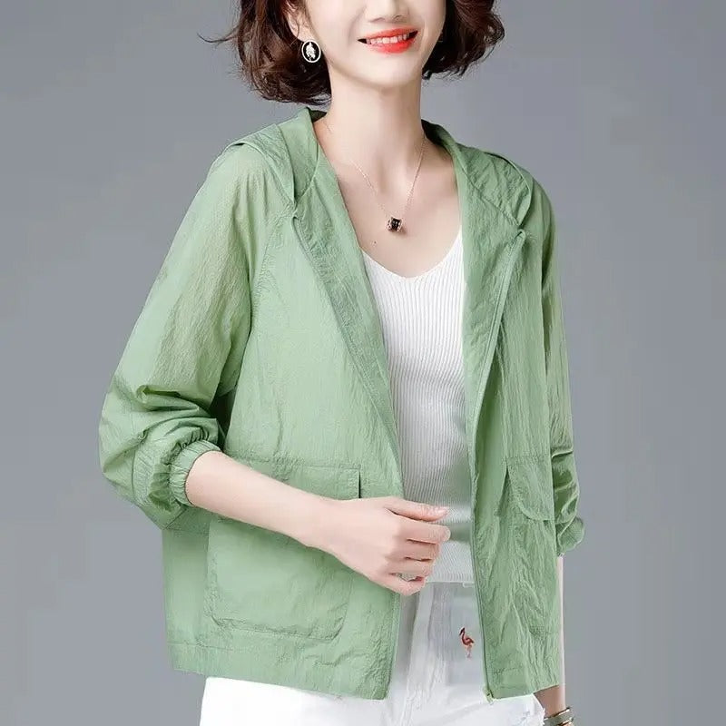 Comfortable women's hooded loose fit jacket, available in red, gray, green, perfect for casual spring and fall outerwear