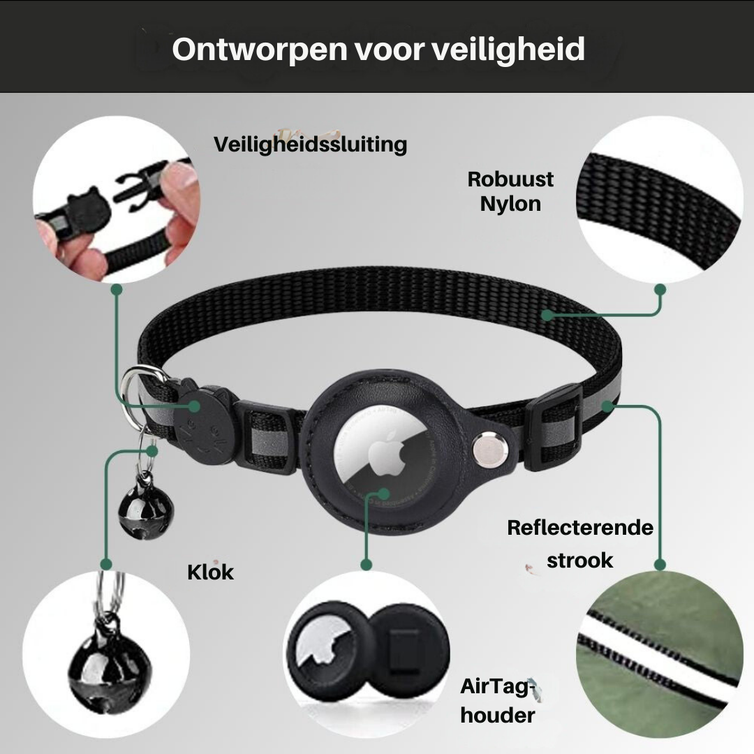 Pet safety collar for cats, reflective nylon with integrated GPS device pouch and quick-release.