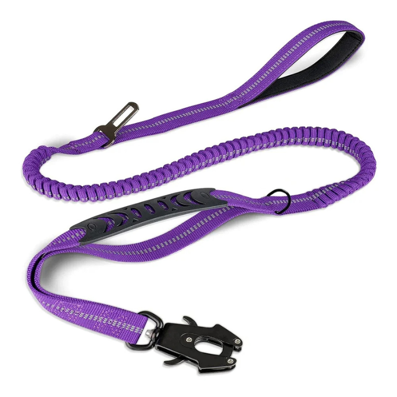 Premium reflective dog safety leash, heavy-duty with car seatbelt clip for safe walks & vehicle travel.