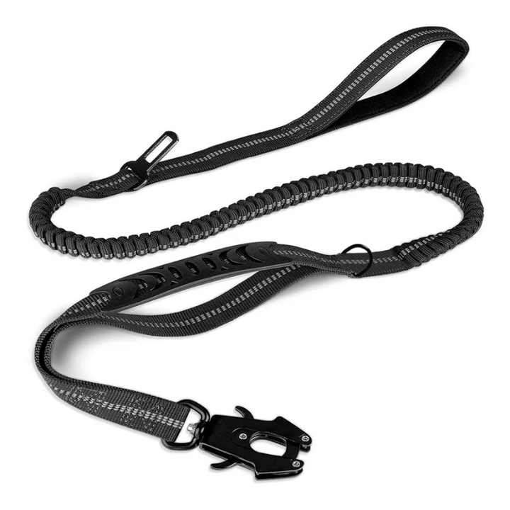 Pet safety leash with integrated car seatbelt clip & reflective stitching for secure large dog travel.