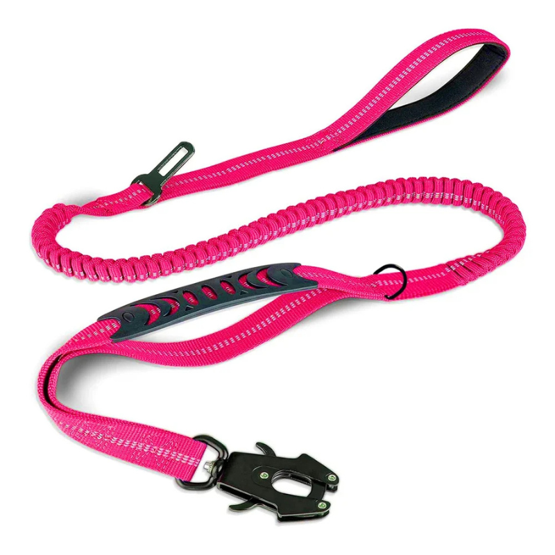 Dual-purpose reflective dog leash: secure control for walks & car seatbelt clip for pet travel safety.