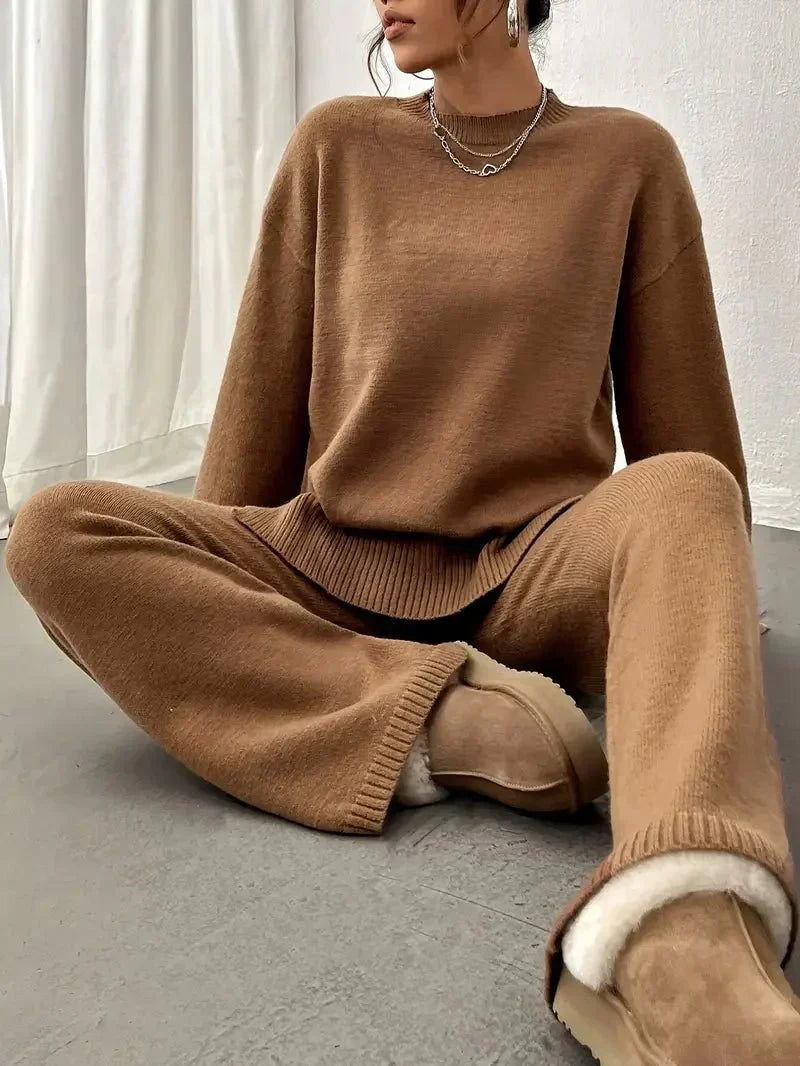 Back view of women's brown relaxed fit spring set, comfortable and chic matching apparel.