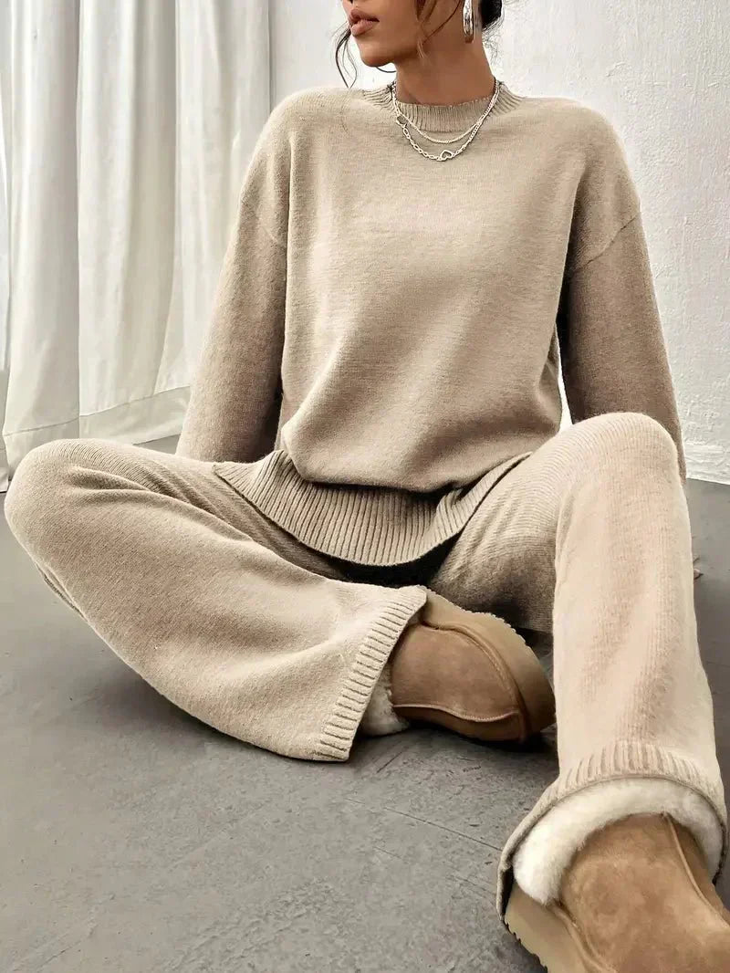 Front view of women's relaxed fit beige spring set, ideal for cozy casual wear.