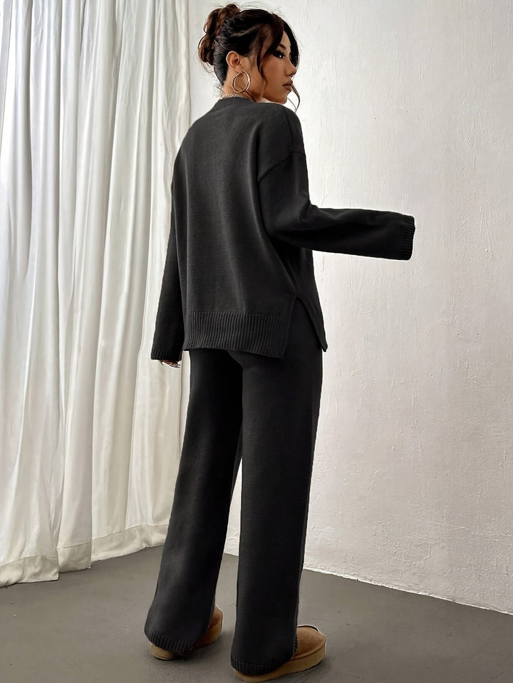 Side view of women's beige relaxed fit spring set, showcasing comfortable apparel.