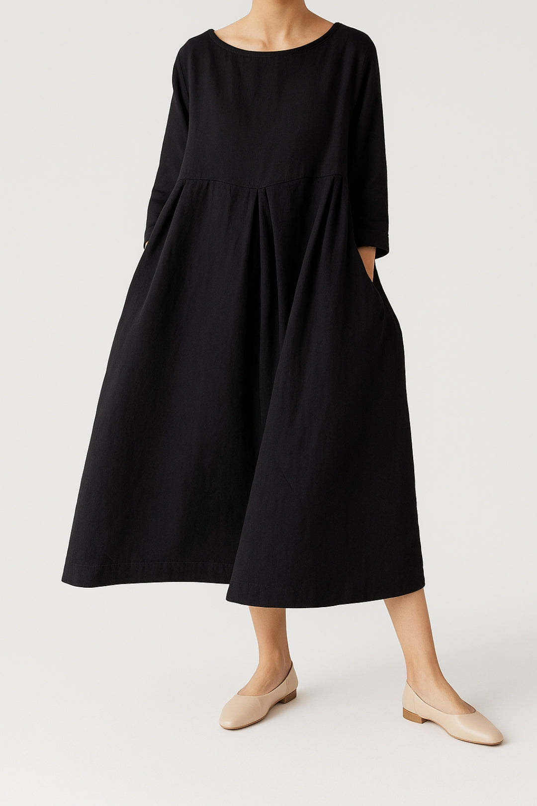 Army green relaxed fit midi dress with front pleats, comfortable and chic for everyday women's wear.