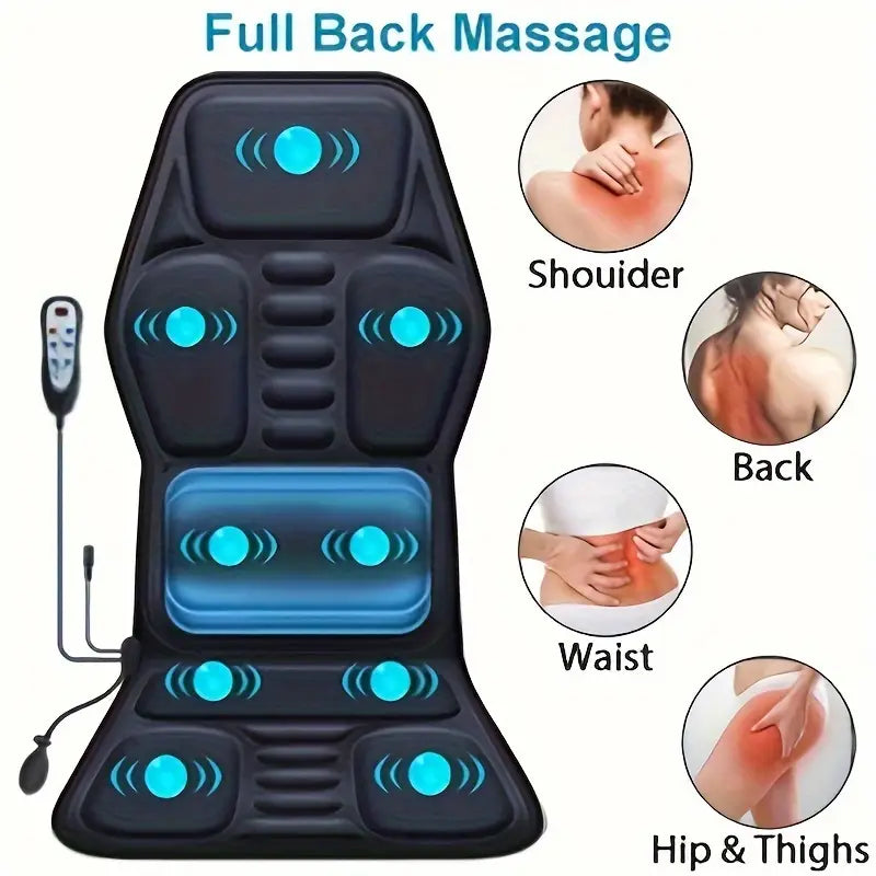 Relaxing Full Back Massage Cushion with Heat & Vibration for muscle relief & stress reduction. Portable chair pad.