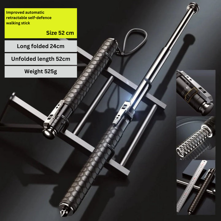 Automatic self-defense walking stick for personal protection, hiking gear, and general urban safety.