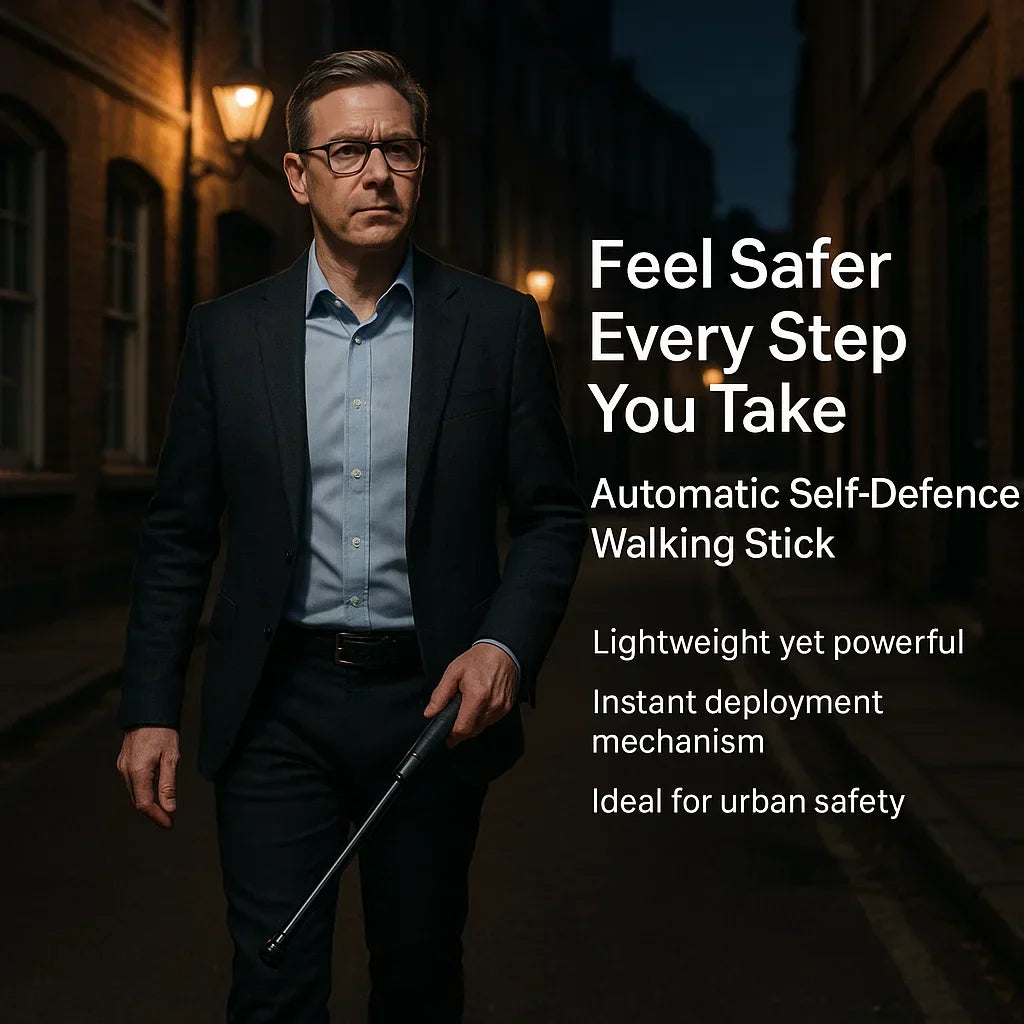 Mobility aid walking stick with integrated automatic self-defense features for enhanced security.