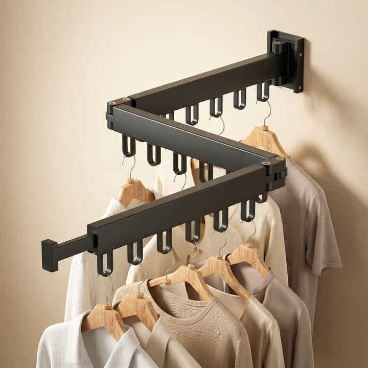 Retractable wall-mounted clothes drying rack, space-saving design for efficient laundry organization.