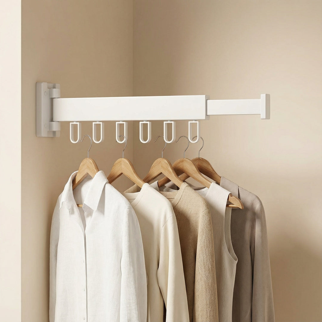 Close-up of retractable wall drying rack mechanism, highlighting sturdy engineering and compact fold.