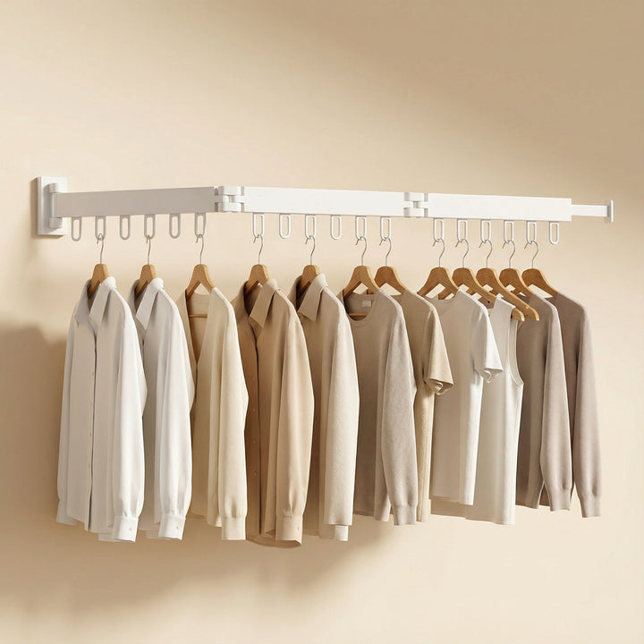 Compact retractable wall laundry rack, neatly folded against wall for ultimate space saving.