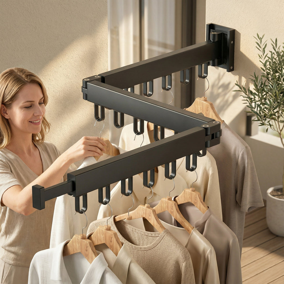 Extended retractable clothes drying rack with multiple bars, perfect for large laundry loads.