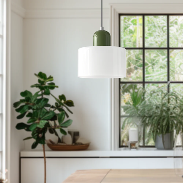 Classic design glass shade pendant, adjustable length, perfect for a vintage aesthetic.