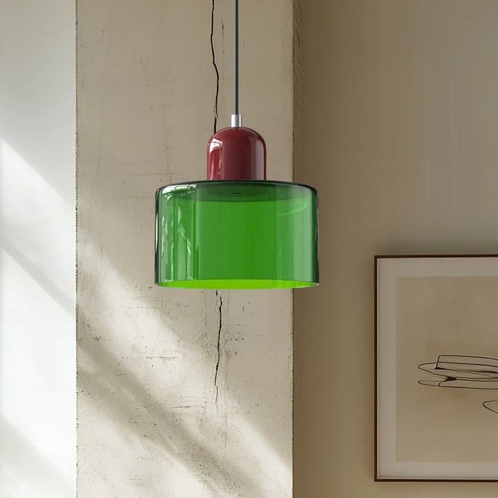 Retro glass pendant lamp with brass accents, adjustable for a warm ambient glow.