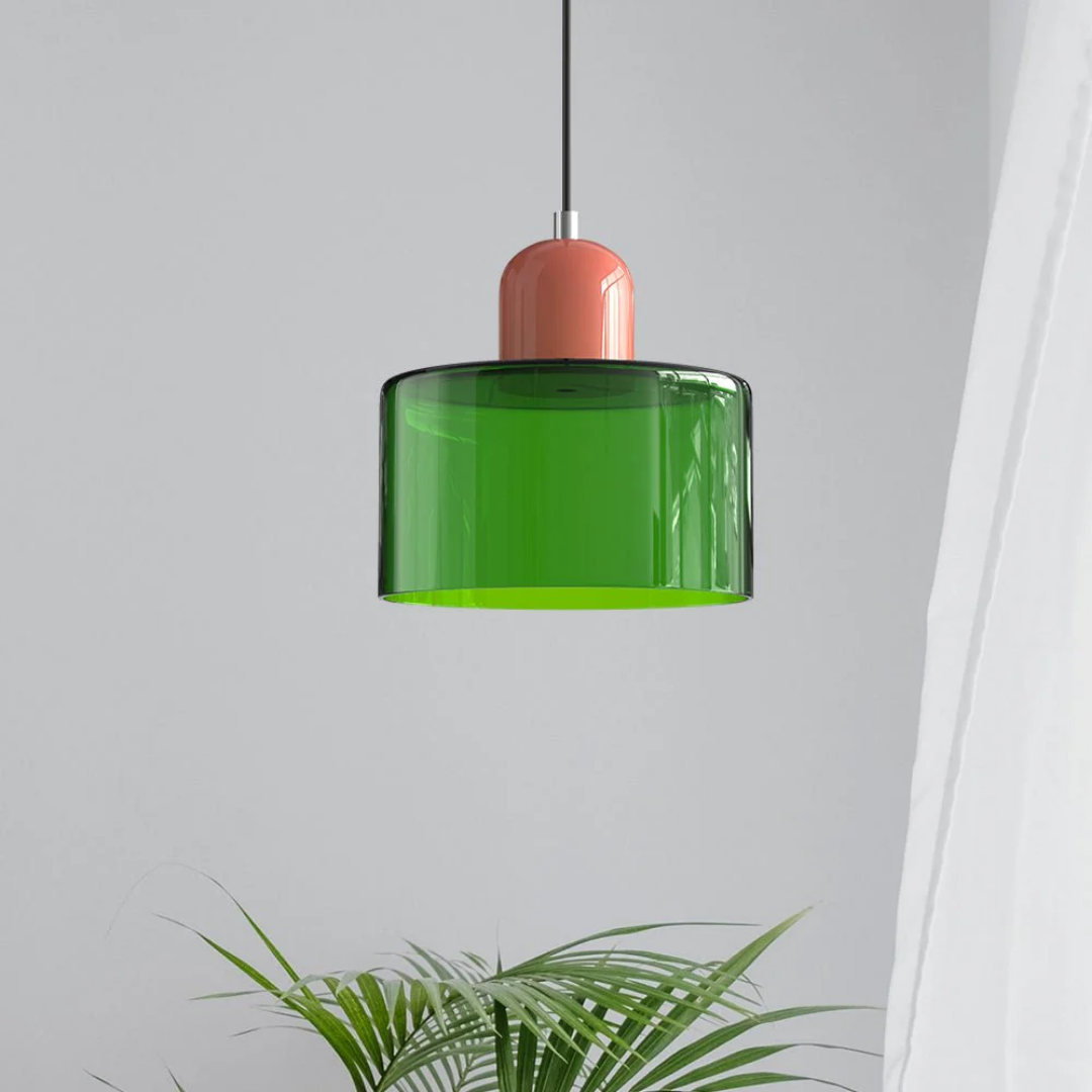 Versatile retro pendant light with glass shade, adjustable for task or ambient lighting.