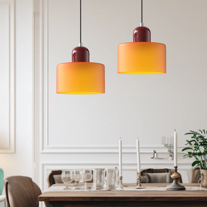 Vintage glass shade pendant light, adjustable ceiling fixture for a cozy living room decor.