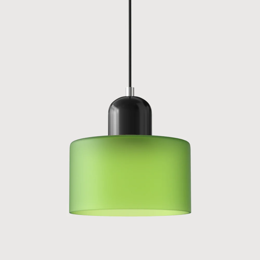 Reading corner retro pendant, glass shade, adjustable for direct and warm light.