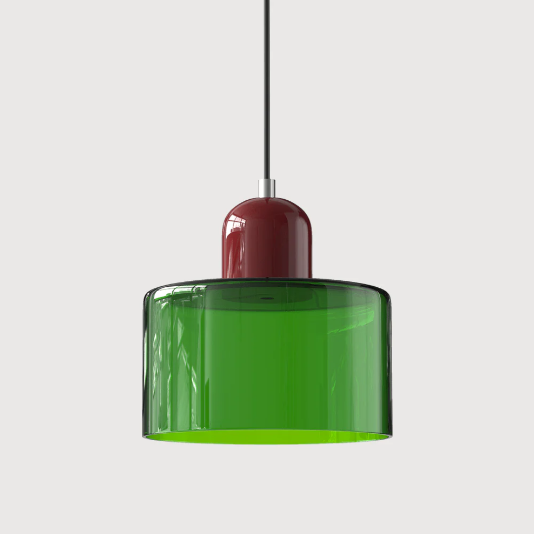 Compact retro pendant light, small glass shade, adjustable for accent warm lighting.
