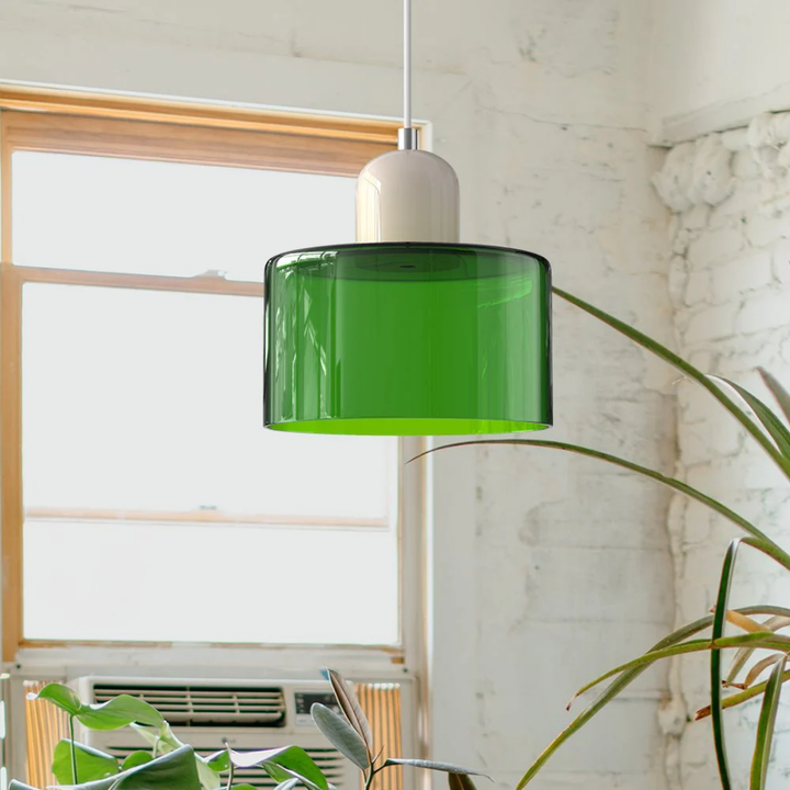Stylish retro pendant lamp, glass shade, adjustable cord, creating an inviting atmosphere.