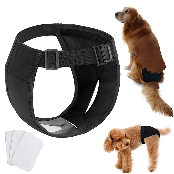 Reusable Dog Sanitary Pants TailWrap for female dogs. Washable, comfortable dog apparel for heat cycles & incontinence.