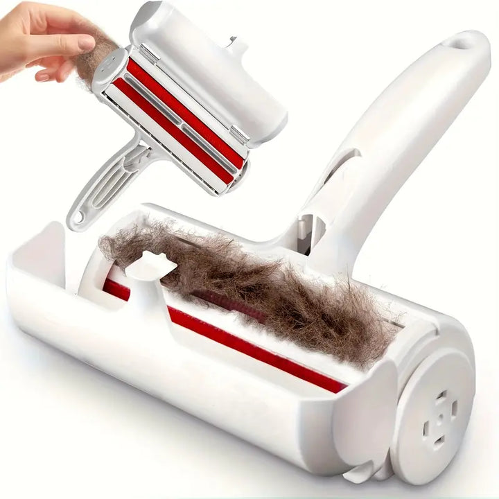 Pet hair remover tool gliding over a black shirt, effectively removing lint, cat & dog fur from fabric.