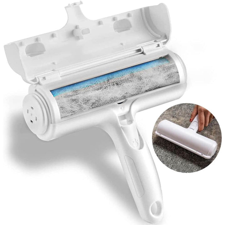 Ergonomic pet hair remover tool cleaning a sofa, effortlessly collecting dog & cat hair from upholstery.