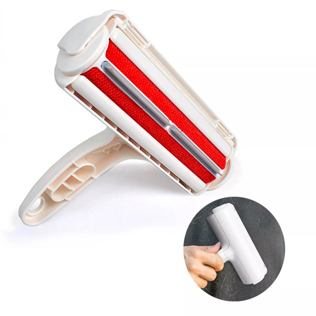 Compact pet hair remover tool next to a fluffy cat, symbolizing easy fur removal for pet owners.