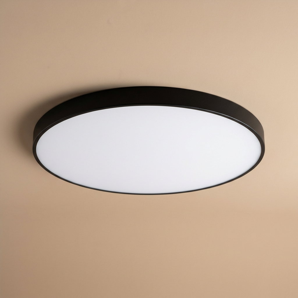 Stylish round LED flush mount ceiling light, elegant gold trim, providing soft, bright illumination.
