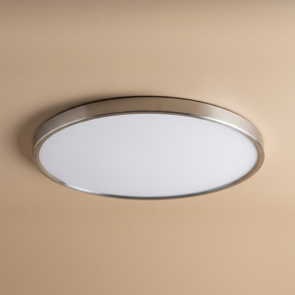 Modern round LED ceiling light, slim design, gold trim, providing soft, energy-efficient interior lighting.