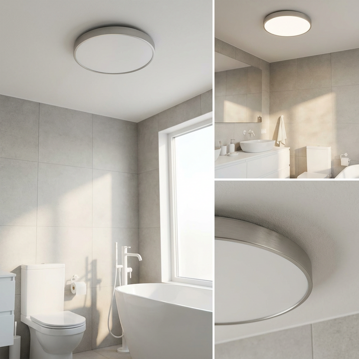 Elegant round LED flush mount light with gold trim, perfect for modern living room or bedroom decor.