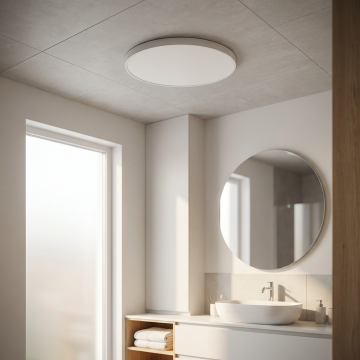 Energy-efficient round LED ceiling fixture, modern design with subtle gold trim and soft light.