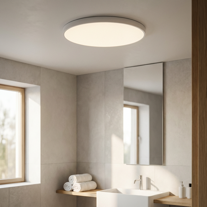 Decorative round LED light for ceilings, featuring a slim profile, gold trim, and gentle glow.
