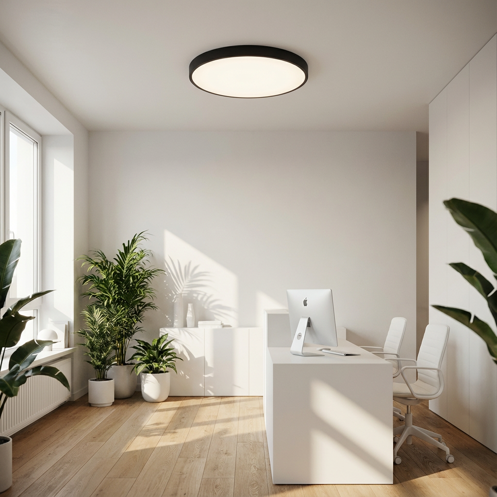 Contemporary round LED ceiling lamp, flush mount style with chic gold trim and soft, even light.