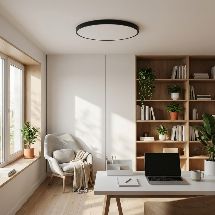 High-efficiency round LED ceiling fixture, modern slim design, gold trim, soft light for any room.
