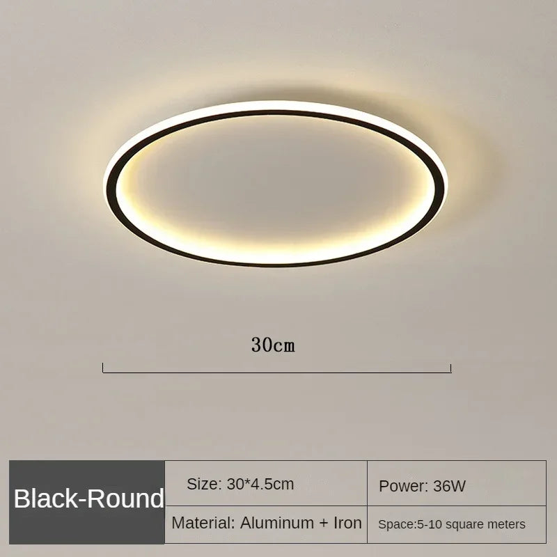 "Round LED ceiling light with Nordic design, offering soft illumination for modern living spaces, made of metal and glass."