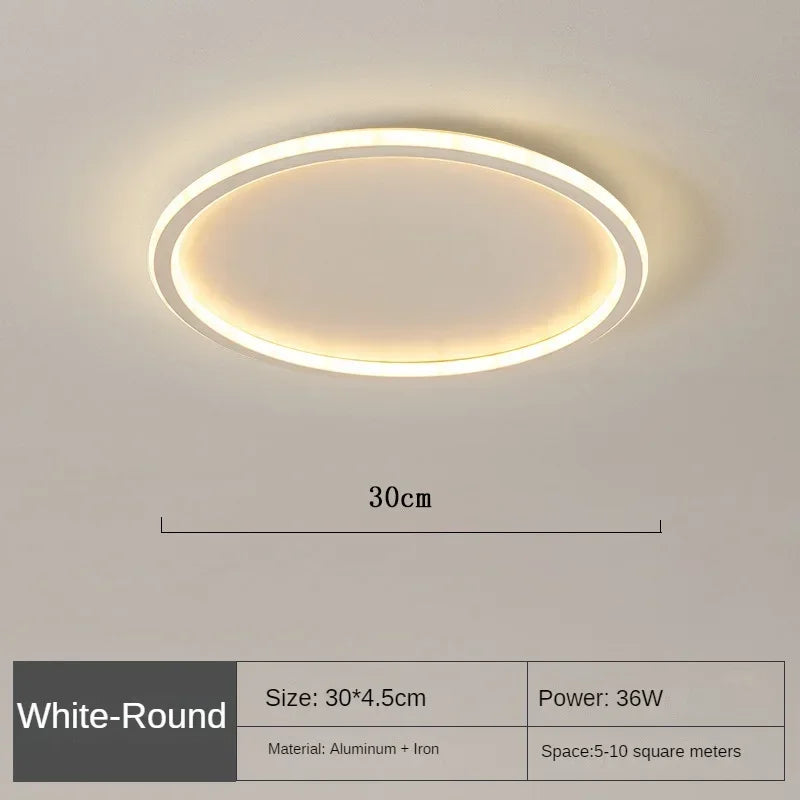 "Round LED ceiling light with Nordic design, offering soft illumination for modern living spaces, made of metal and glass."
