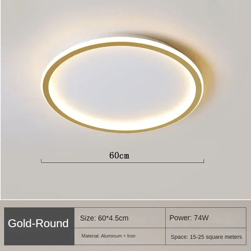 "Round LED ceiling light with Nordic design, offering soft illumination for modern living spaces, made of metal and glass."