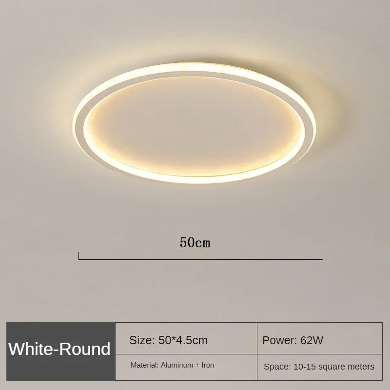 "Round LED ceiling light with Nordic design, offering soft illumination for modern living spaces, made of metal and glass."