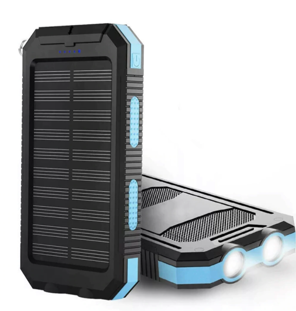 Rugged black solar power bank with dual USB, ideal for camping & hiking. Portable, waterproof phone charger.