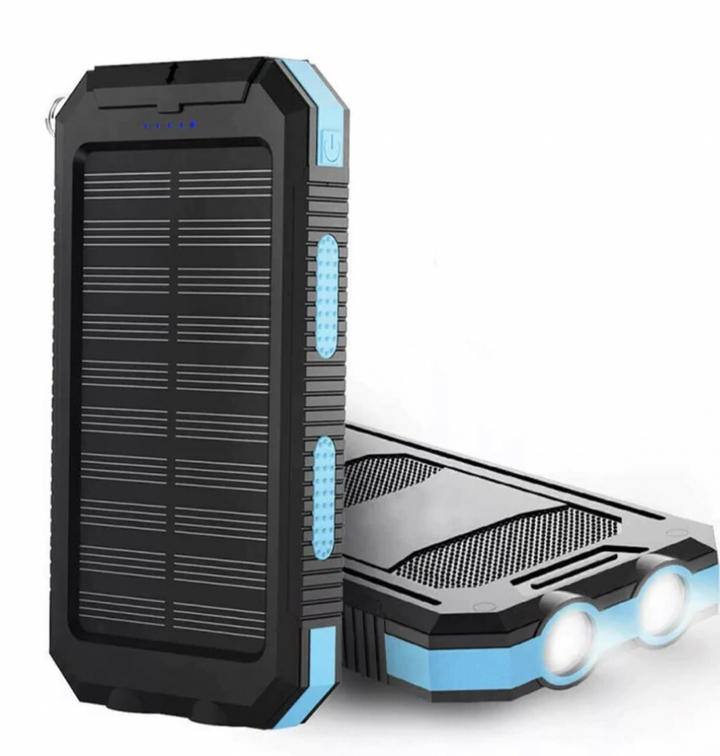 Rugged black solar power bank with dual USB, ideal for camping & hiking. Portable, waterproof phone charger.