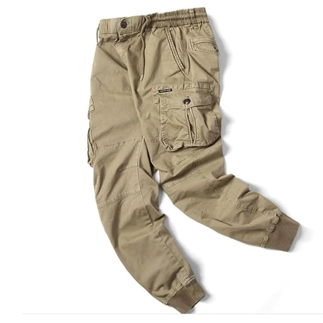 Tapered fit men's cargo pants in khaki, ideal for outdoor activities